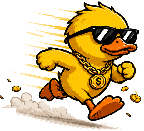 Duck Run mascot running with sunglasses and a gold chain